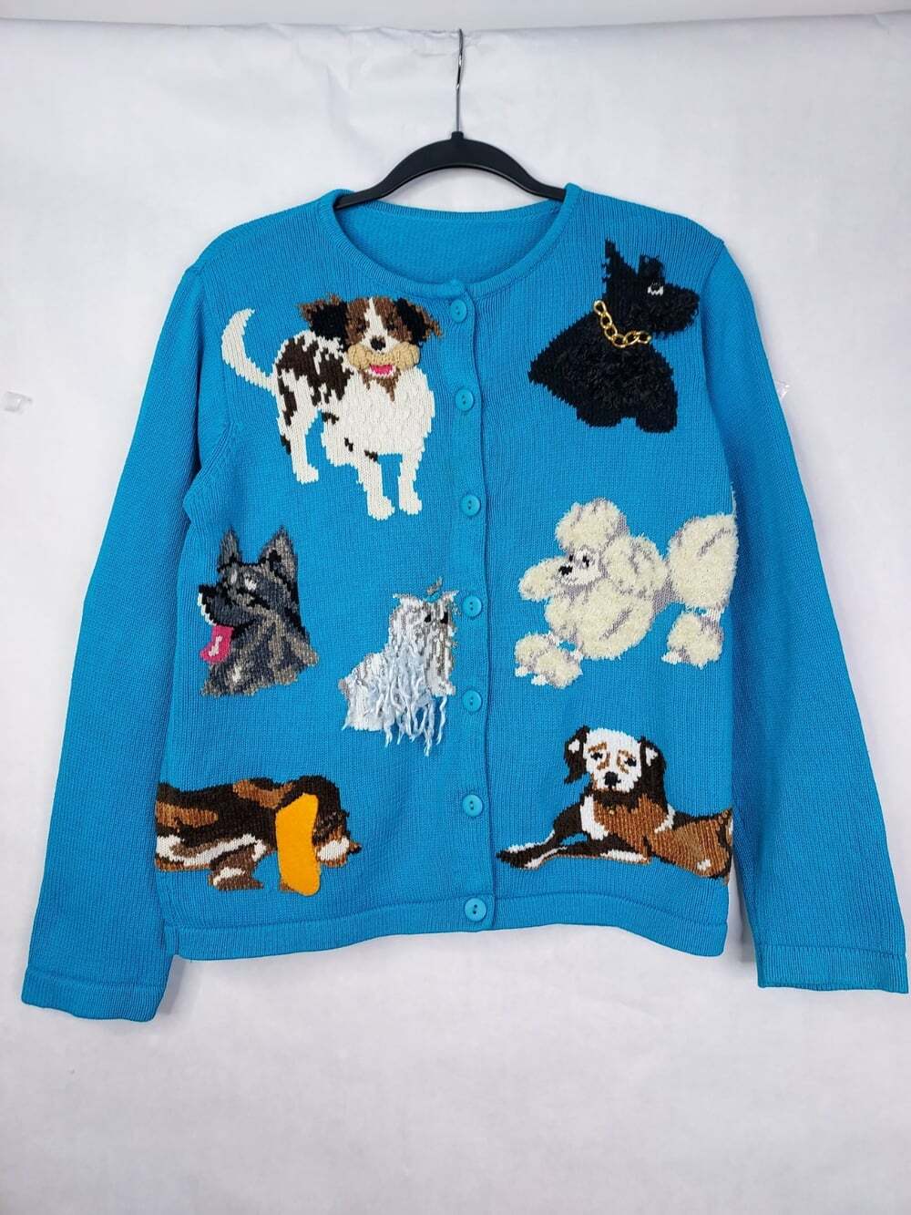 Novelty Knit Dog Sweater Cardigan Womens M 3-D Embellished Blue Granny Core Pets